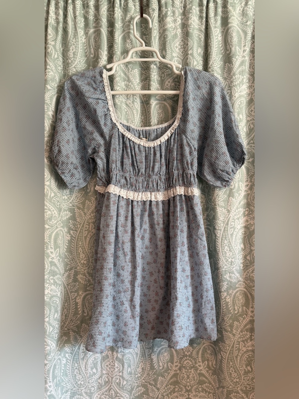 Blue Floral Puff-Sleeve Casual Dress with Lace Trim